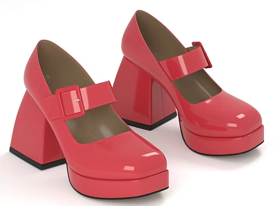 Trendy Red Patent Leather Shoes With Block Heels Platform Soles And Buckle Accents 3d model