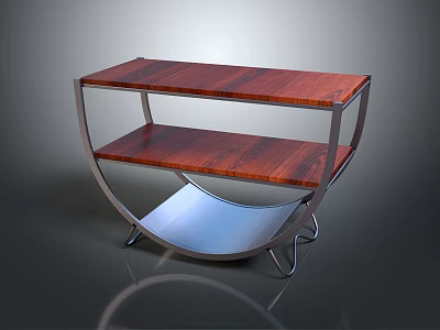 Modern Wooden Shelving Unit With Curved Metal Frame And Two Tier Design 3d model