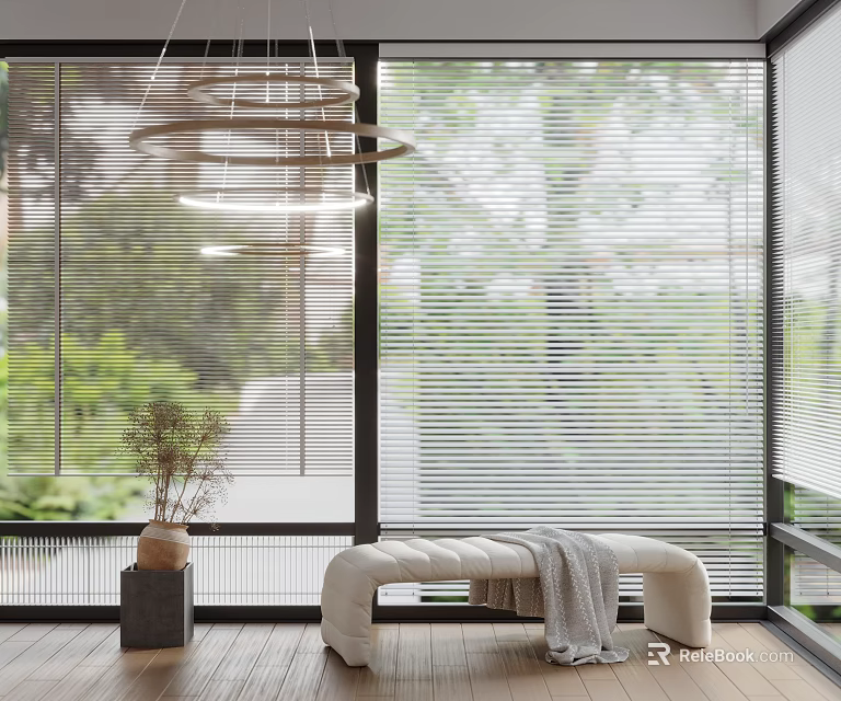 White Window Blinds Filtering Natural Light In Modern Interior With Wooden Bench And Green Plant 3d model 