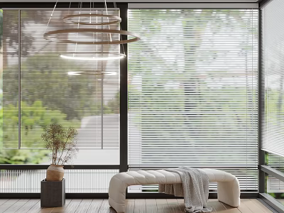 White Window Blinds Filtering Natural Light In Modern Interior With Wooden Bench And Green Plant 3d model