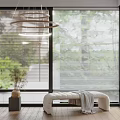 White Window Blinds Filtering Natural Light In Modern Interior With Wooden Bench And Green Plant