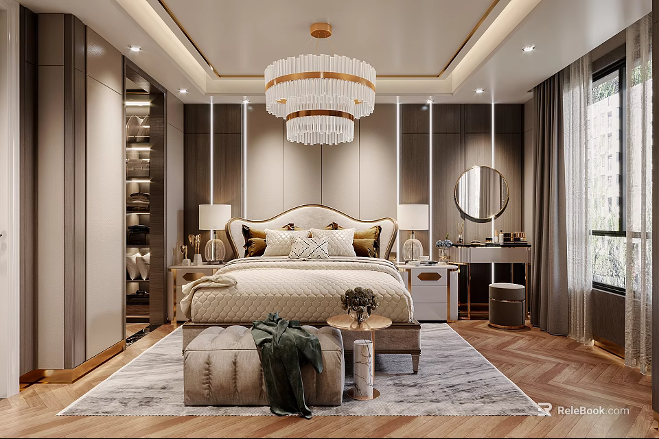 Elegant Modern Bedroom Interior With Upholstered Headboard Chandelier Nightstands And Area Rug 3d model 