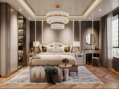 Elegant Modern Bedroom Interior With Upholstered Headboard Chandelier Nightstands And Area Rug 3d model