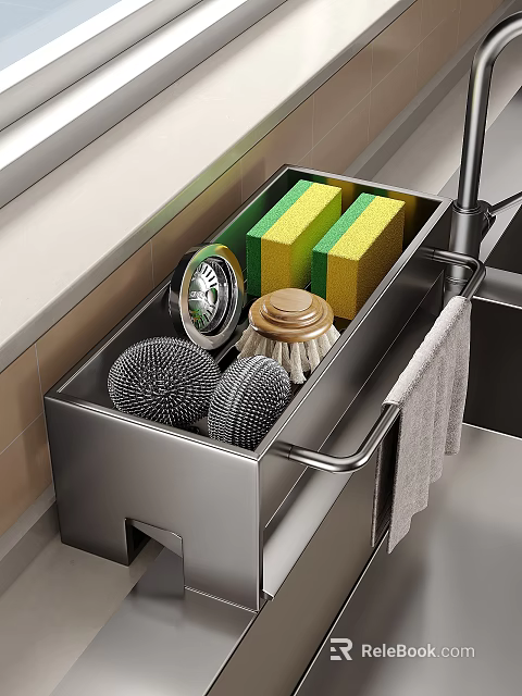 Stainless Steel Organized Kitchen Drawer With Cleaning Sponges Brushes And Scrubbers 3d model 