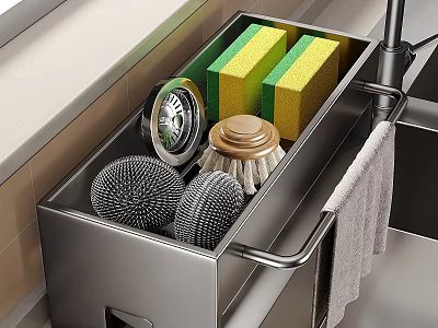 Stainless Steel Organized Kitchen Drawer With Cleaning Sponges Brushes And Scrubbers 3d model
