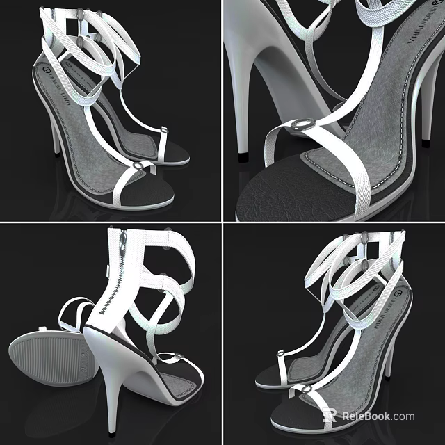 Stylish High Heel Sandals With White Straps And Elegant Design Details 3d model 