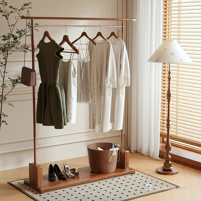Stylish Indoor Clothes Rack With Hanging Dresses Shirts Black Shoes And Woven Basket 3d model 