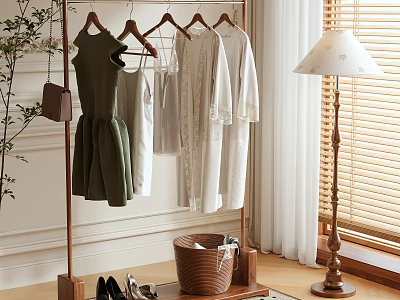 Stylish Indoor Clothes Rack With Hanging Dresses Shirts Black Shoes And Woven Basket 3d model