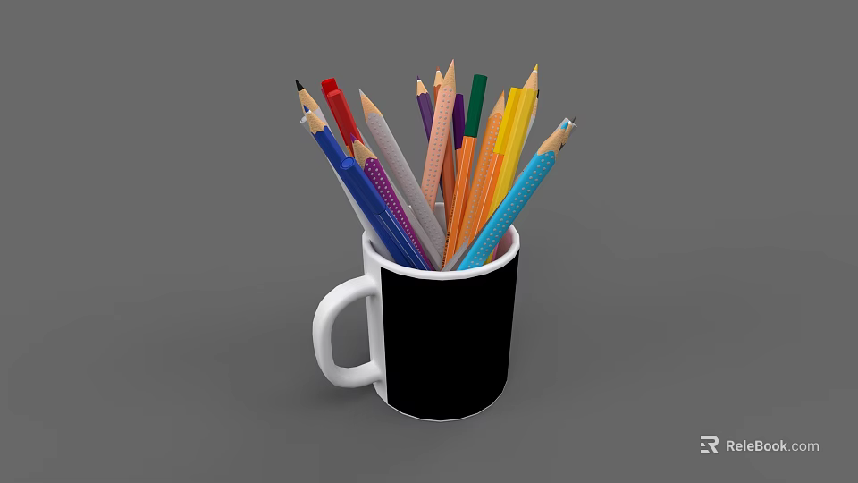 Black Mug With White Handle Filled With Colorful Pencils On Gray Background 3d model 