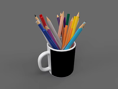 Black Mug With White Handle Filled With Colorful Pencils On Gray Background 3d model