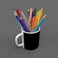 Black Mug With White Handle Filled With Colorful Pencils On Gray Background