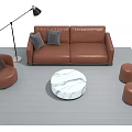Modern Leather Sofa And Coffee Table Set With Marble Top Stools And Floor Lamp 3d model