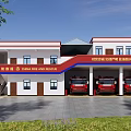 Fire Station Building With Red And White Exterior Surrounded By Trees And Parking Area