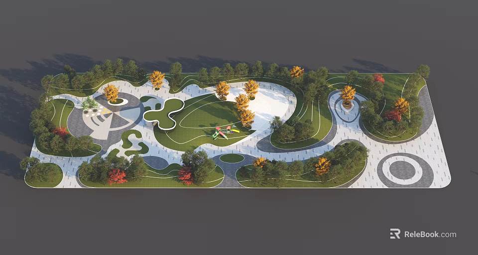 Scenic Park Landscape Design With Curved Walkways Green Lawns And Colorful Trees 3d model 