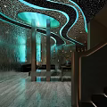 Modern Hotel Public Lounge Area With Black Sofas Decorative Lighting And Green Plants