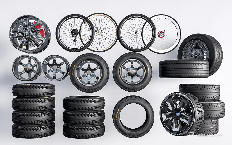 Various Car Tires And Wheel Rims Collection With Stacked Designs And Styles 3d model 