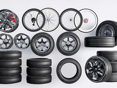 Various Car Tires And Wheel Rims Collection With Stacked Designs And Styles 3d model