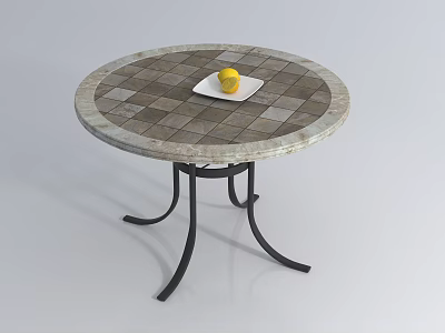 Round Coffee Table With Mosaic Tile Top Gray Beige Black Metal Legs White Plate Lemon 3d model