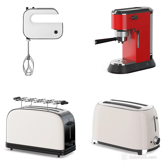 Modern Stylish Kitchen Appliances Featuring White Mixer Red Coffee Machine And Toasters 3d model 
