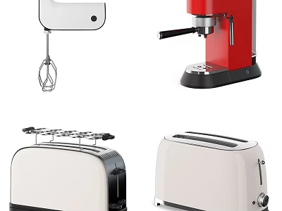 Modern Stylish Kitchen Appliances Featuring White Mixer Red Coffee Machine And Toasters 3d model