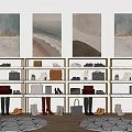 Various Shoes Displayed on Golden Metal Shelves With Coastal Wall Art and Round Rugs