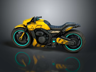 Futuristic Cyberpunk Yellow Motorcycle With Black Seat And Blue Neon Rims 3d model
