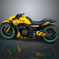 Futuristic Cyberpunk Yellow Motorcycle With Black Seat And Blue Neon Rims
