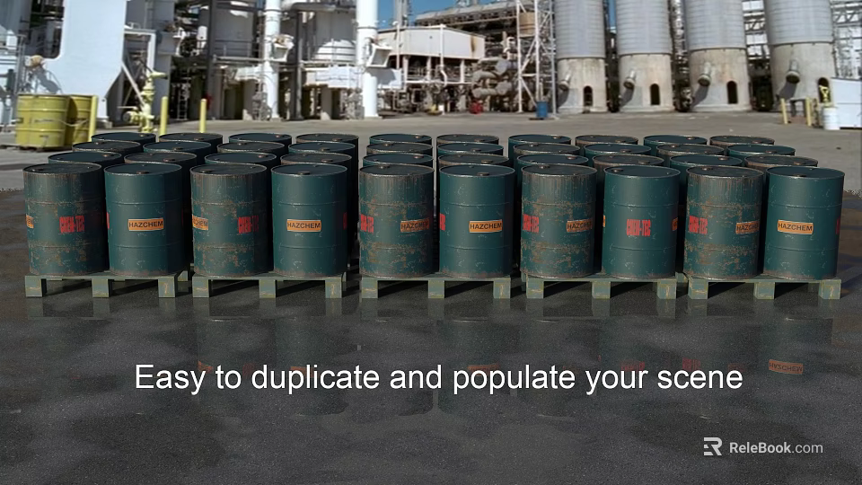 Industrial Equipment Green Storage Drums Placed At Industrial Factory Site With Large Storage Tanks 3d model 