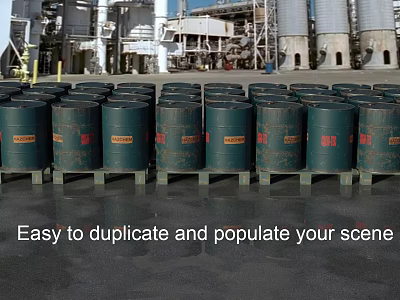 Industrial Equipment Green Storage Drums Placed At Industrial Factory Site With Large Storage Tanks 3d model