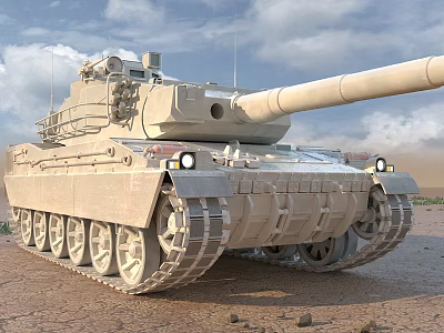 Modern Military Tank With Large Gun Barrel On Desert Terrain Under Sky 3d model