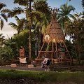 Tropical Landscape Pavilion With Thatched Roof By Pond Among Palm Trees And Lush Greenery