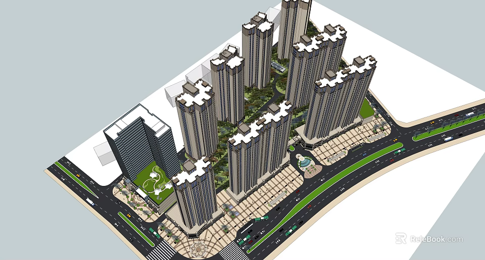 Modern High Rise Residential Buildings Aerial View With Green Spaces And Roads 3d model 