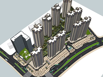 Modern High Rise Residential Buildings Aerial View With Green Spaces And Roads 3d model