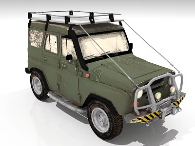 Green Military Style Off Road Vehicle With Roof Rack And Front Bumper Warning Stripes 3d model