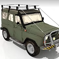 Green Military Style Off Road Vehicle With Roof Rack And Front Bumper Warning Stripes