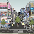Bustling Shopping Street Featuring Shops Trees And Scooter On City Road