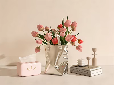 Stylish Decorative Ornament Set Featuring Silver Vase Pink Tulips Tissue Box And Books 3d model