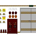 Fire Equipment With Red Cabinet Extinguishers Warning Signs Safety Helmets And Safety Doors