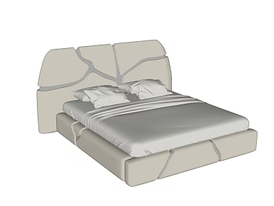 Modern Double Bed With Unique Geometric Headboard Light Colored Frame And White Pillows 3d model