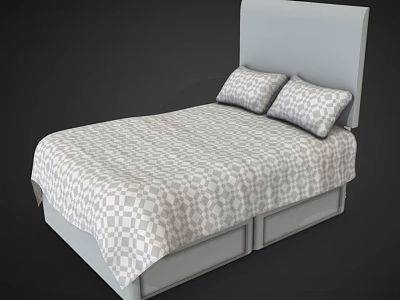 Modern Double Bed With Light Gray Headboard Geometric Pattern Bedding Pillows And Underbed Storage Drawers 3d model