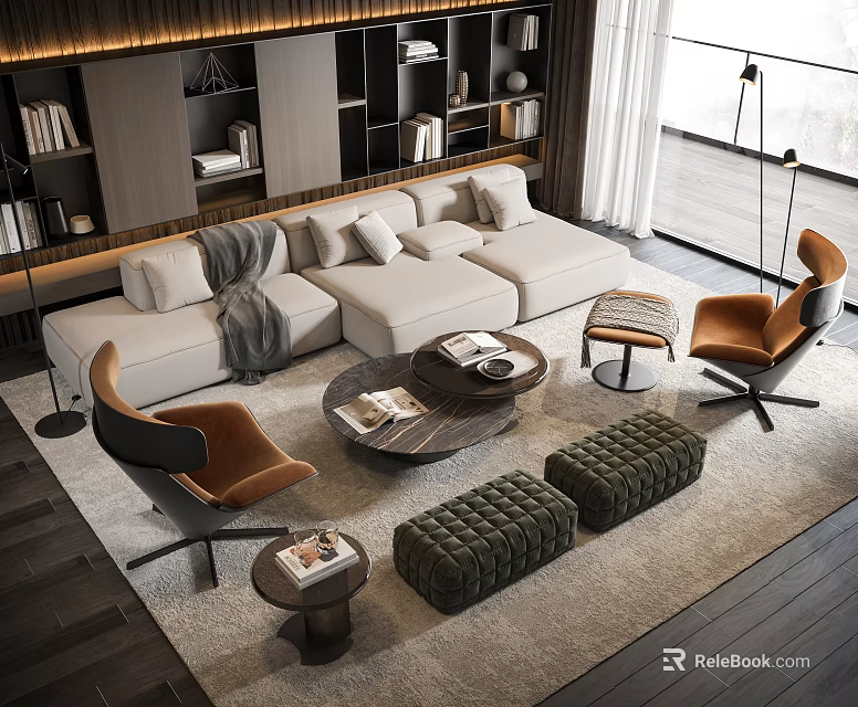 Modern Beige L Shaped Sofa And Coffee Table Set With Orange Armchairs Green Ottomans 3d model 