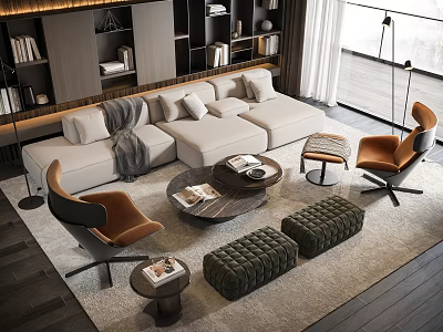Modern Beige L Shaped Sofa And Coffee Table Set With Orange Armchairs Green Ottomans 3d model