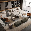 Modern Beige L Shaped Sofa And Coffee Table Set With Orange Armchairs Green Ottomans