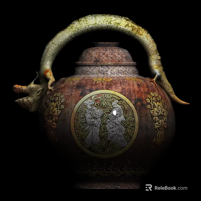 Reddish Brown Ceramic Vessel With Dragon Handle Intricate Relief Patterns Figures And Golden Decorations 3d model 