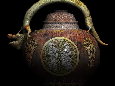Reddish Brown Ceramic Vessel With Dragon Handle Intricate Relief Patterns Figures And Golden Decorations 3d model