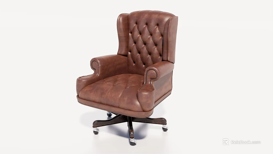 Brown Leather Office Chair with Tufted Back Curved Armrests and Rolling Wheels 3d model 