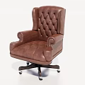 Brown Leather Office Chair with Tufted Back Curved Armrests and Rolling Wheels
