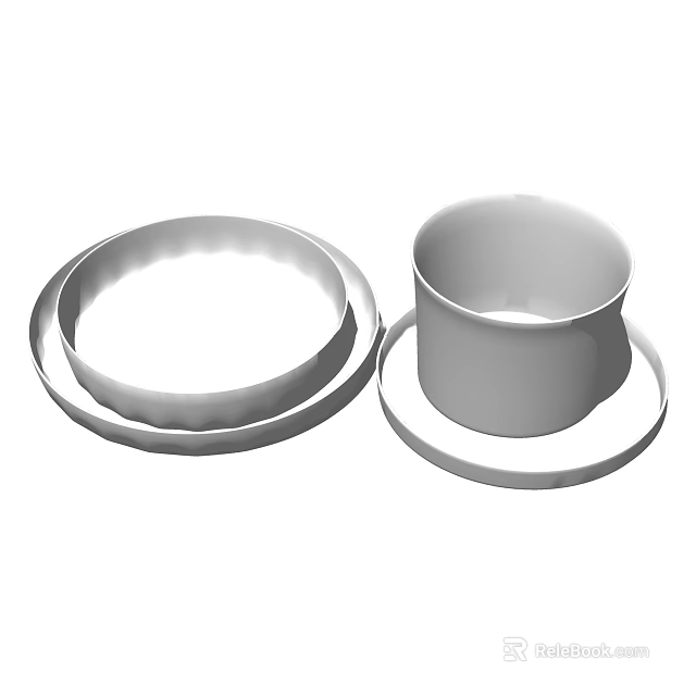 Minimalist White Ceramic Tableware Set with Bowl and Cup on Saucers 3d model
