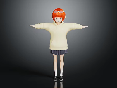 3D Character With Red Hair Orange Glasses Cream Hoodie Dark Pleated Skirt Arms Outstretched 3d model