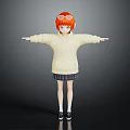 3D Character With Red Hair Orange Glasses Cream Hoodie Dark Pleated Skirt Arms Outstretched